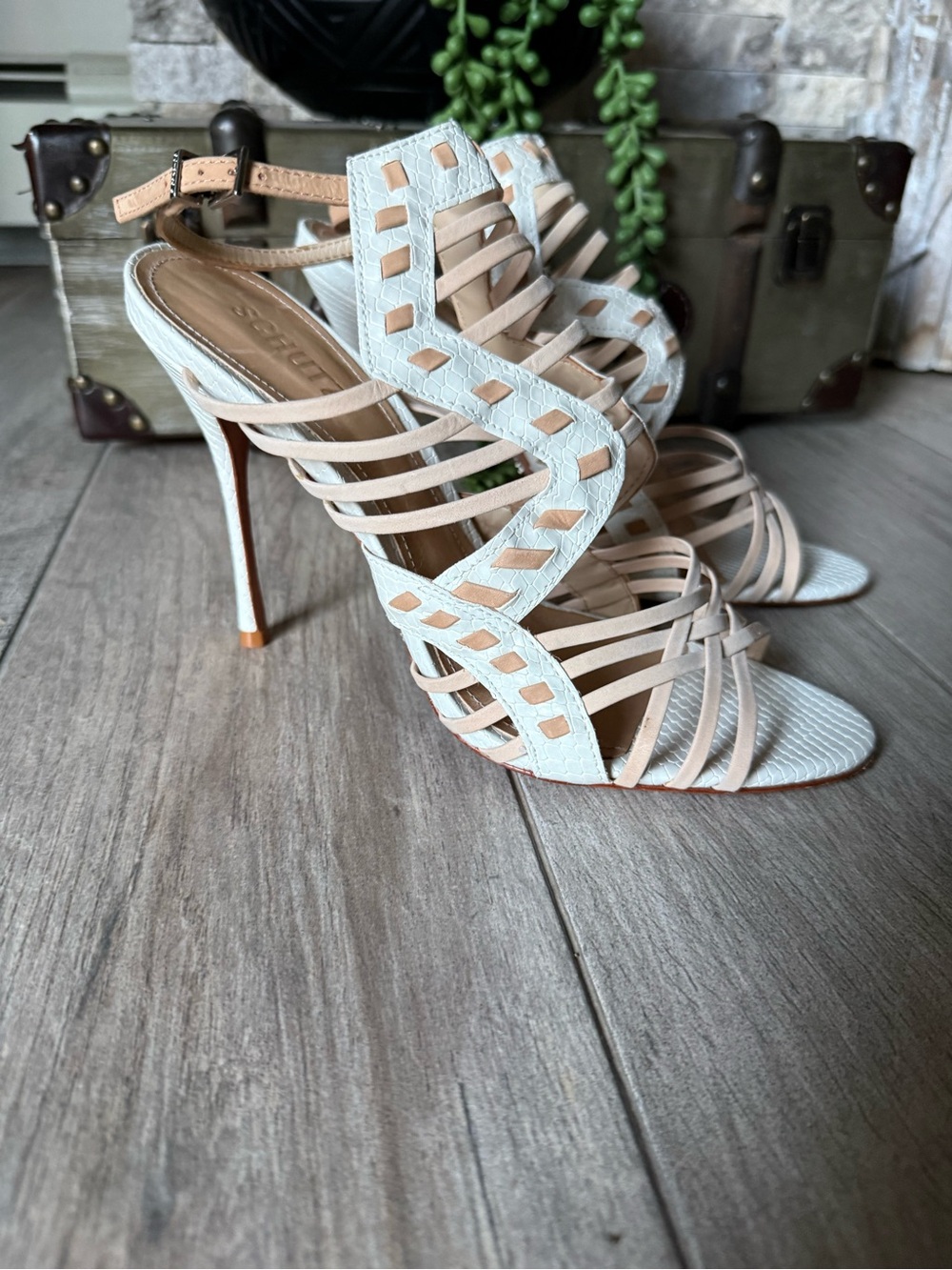Schutz  Tamiris Leather Snake Print Strappy High Heel Sandals in Cream and Tan